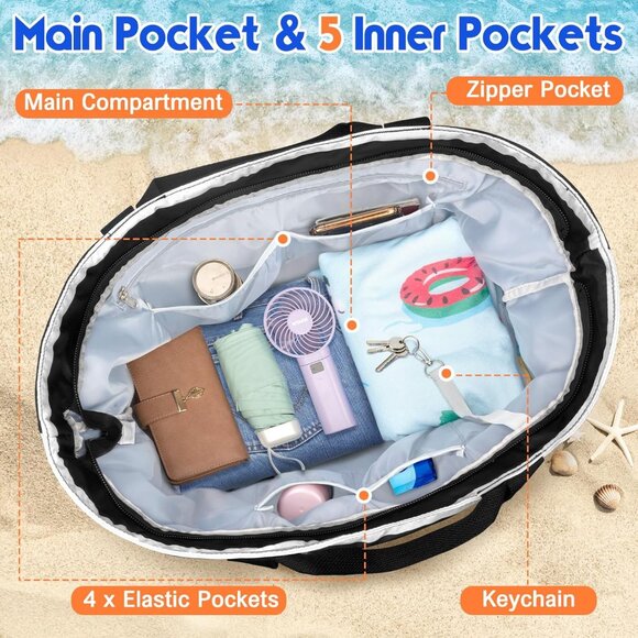 Women's Black White Waterproof Sandproof Xl Tote Zipper Foldable Beach Bags - Picture 5 of 8